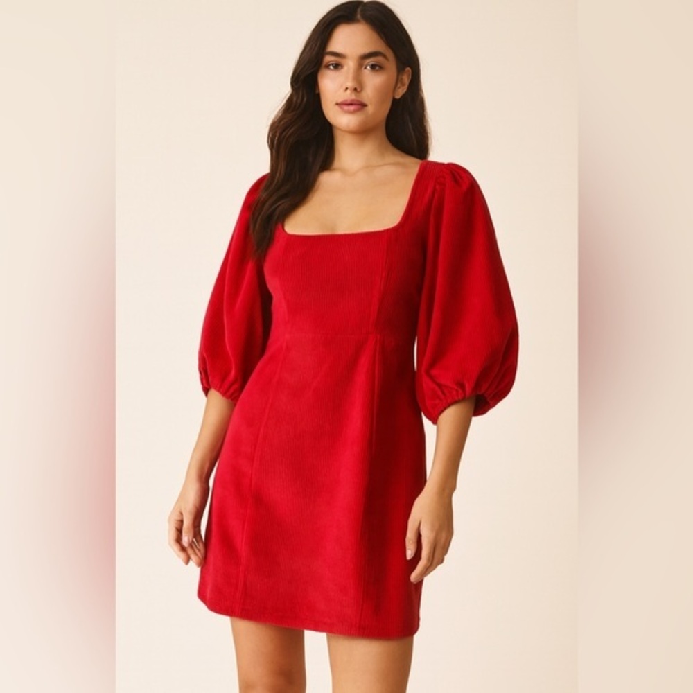 ASOS Design Red Corduroy Puff Sleeve Mini Dress Size 6 100% Cotton